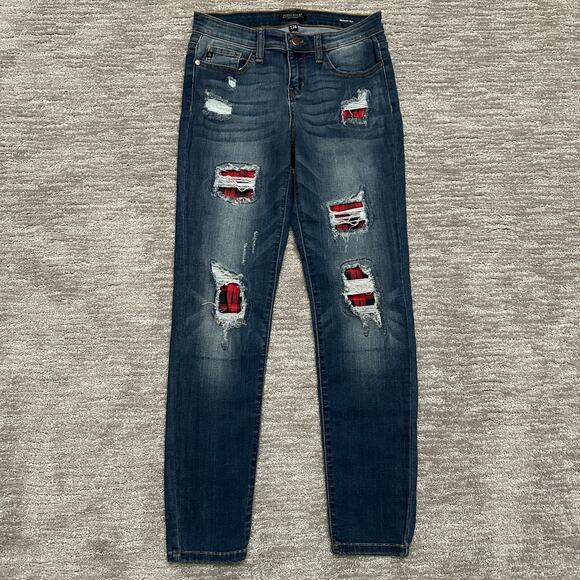 Judy Blue Denim - Judy Blue Jeans Womens 7/28 Skinny Fit Buffalo Plaid Patch Distressed Stretch